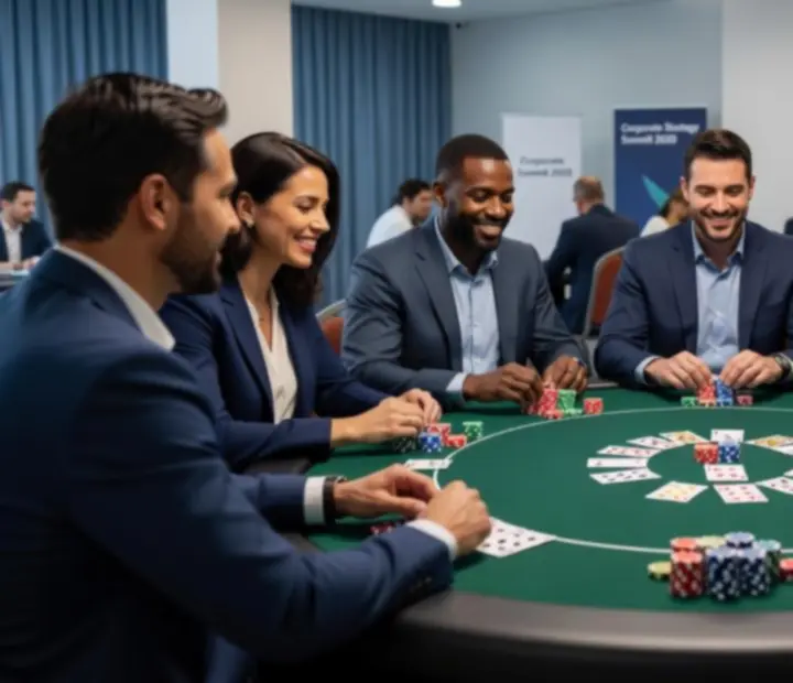 Stół pokerowy przygotowany na event integracyjny z żetonami i kartami