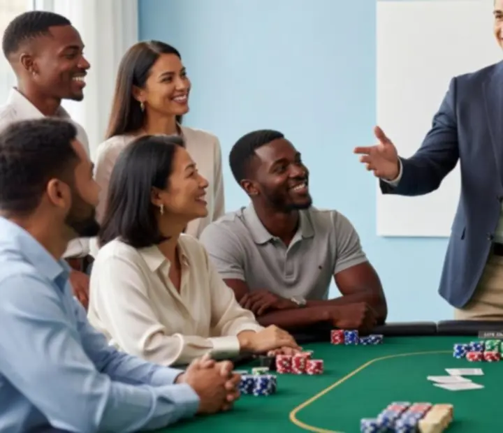 Prowadzący event pokerowy tłumaczący uczestnikom zasady gry